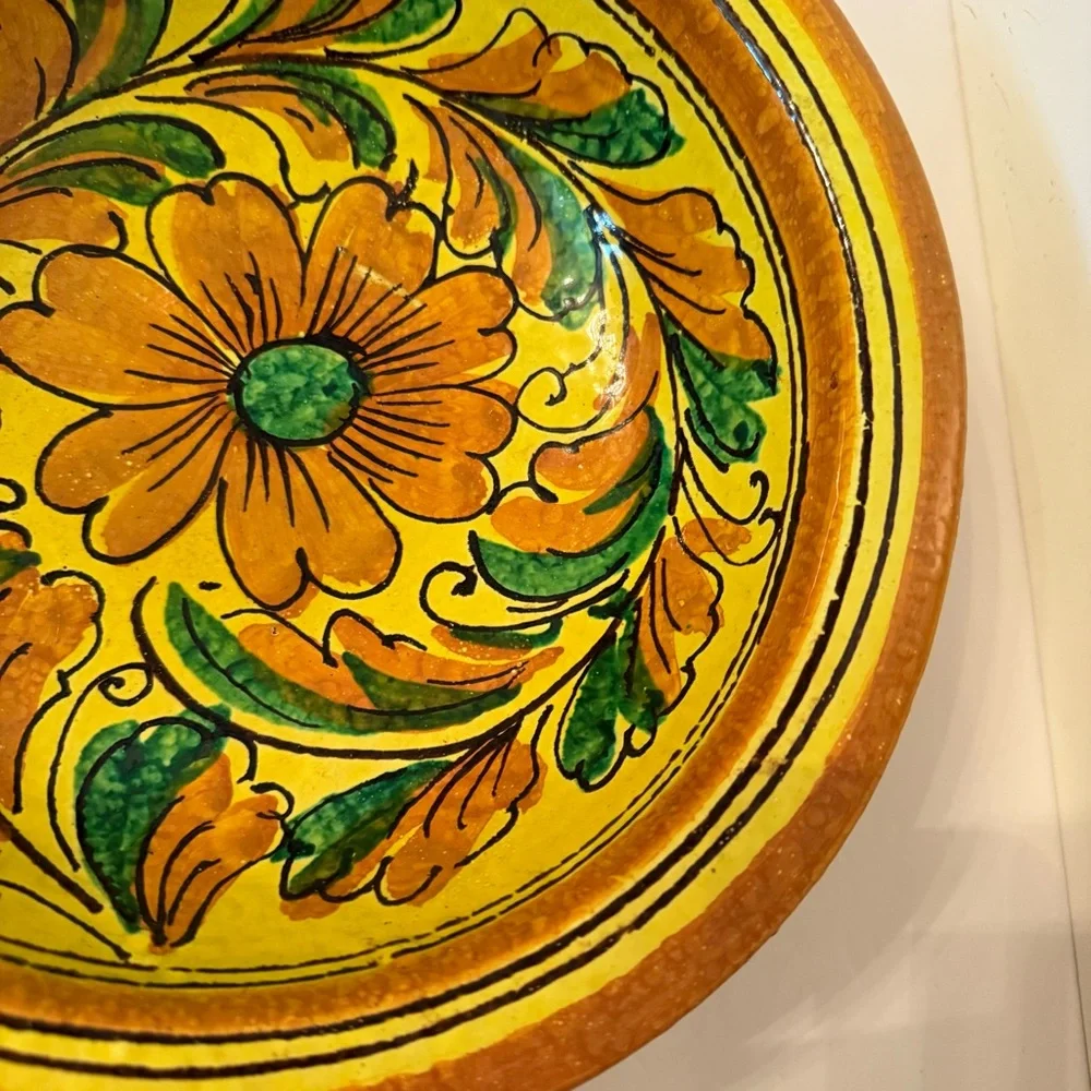 Hand-Painted vintage Italy Floral Ceramic Bowl large yellow orange green pottery